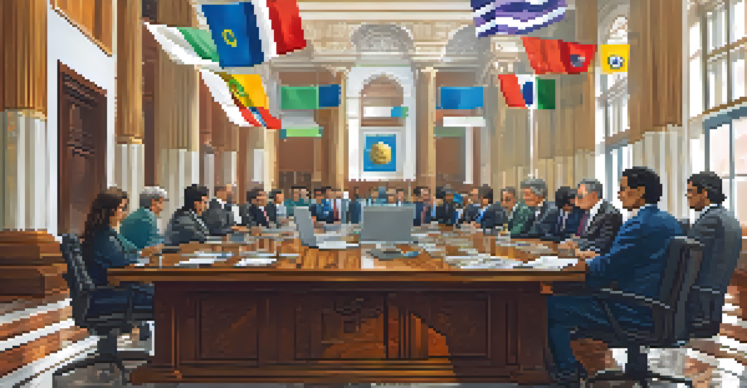Government officials in a meeting discussing cryptocurrency regulations, surrounded by flags of Latin American countries.