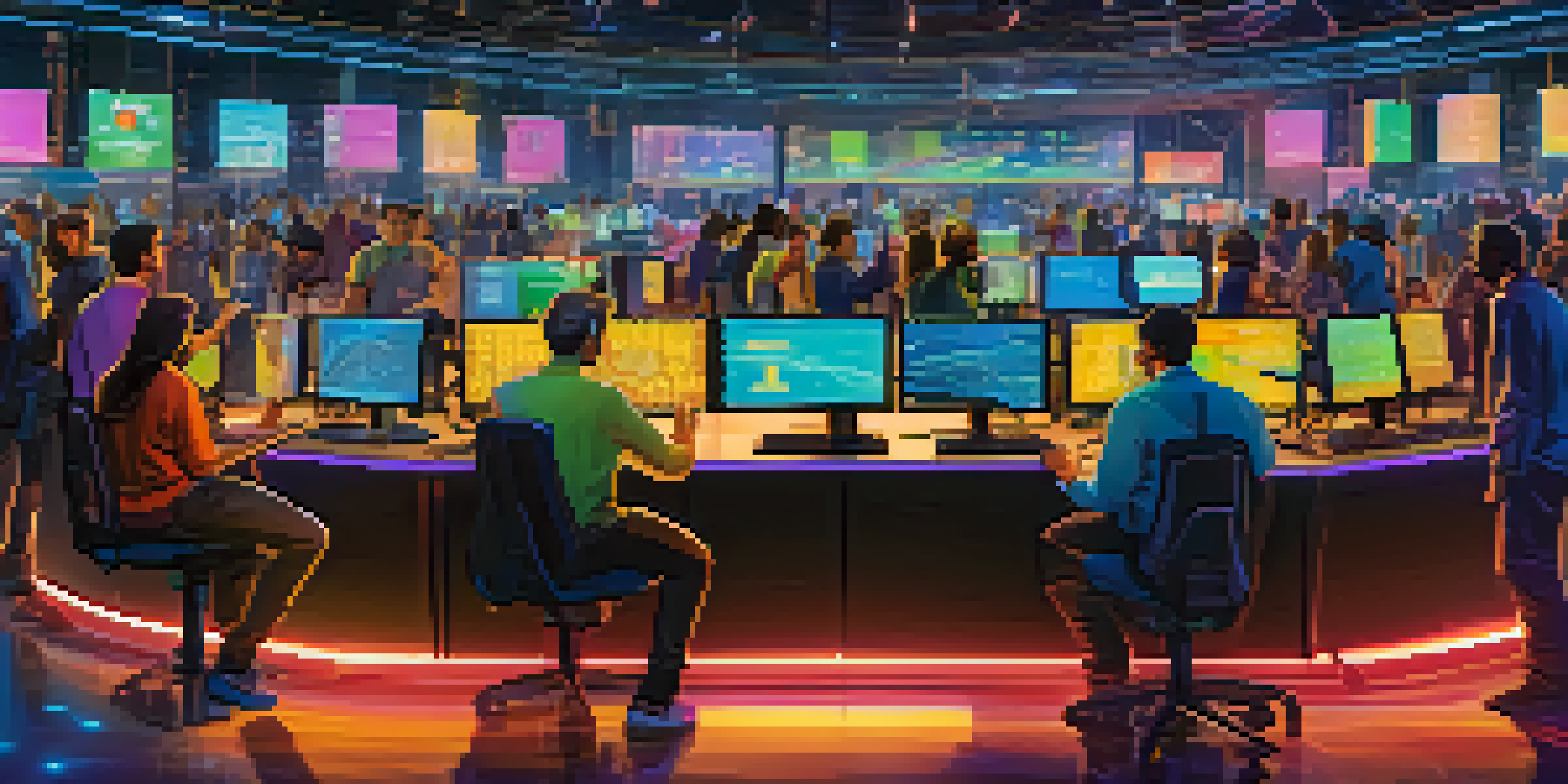 A lively cryptocurrency exchange scene with traders working on laptops and bright screens showing live trading data.