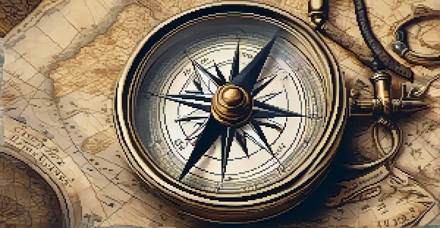 A vintage compass on an old map with reading glasses and an ink quill, illuminated by soft lighting.