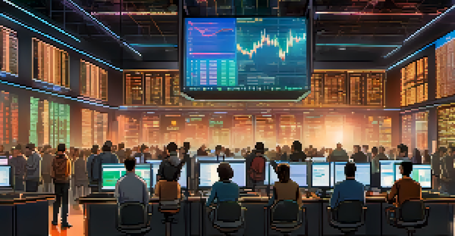 A diverse group of traders in a lively trading room, analyzing cryptocurrency charts on large screens.