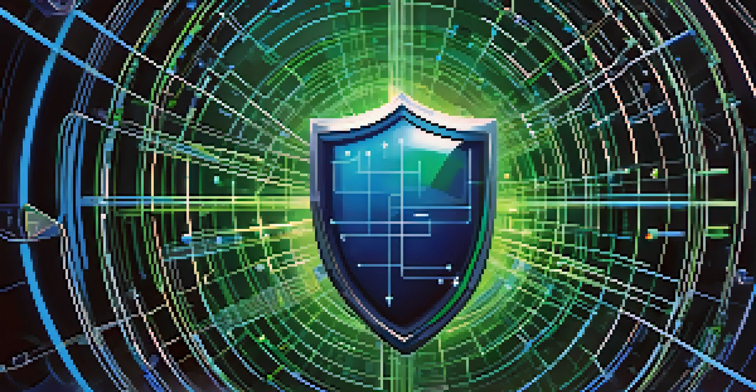 A shield representing cybersecurity against a backdrop of interconnected digital networks in blue and green hues.