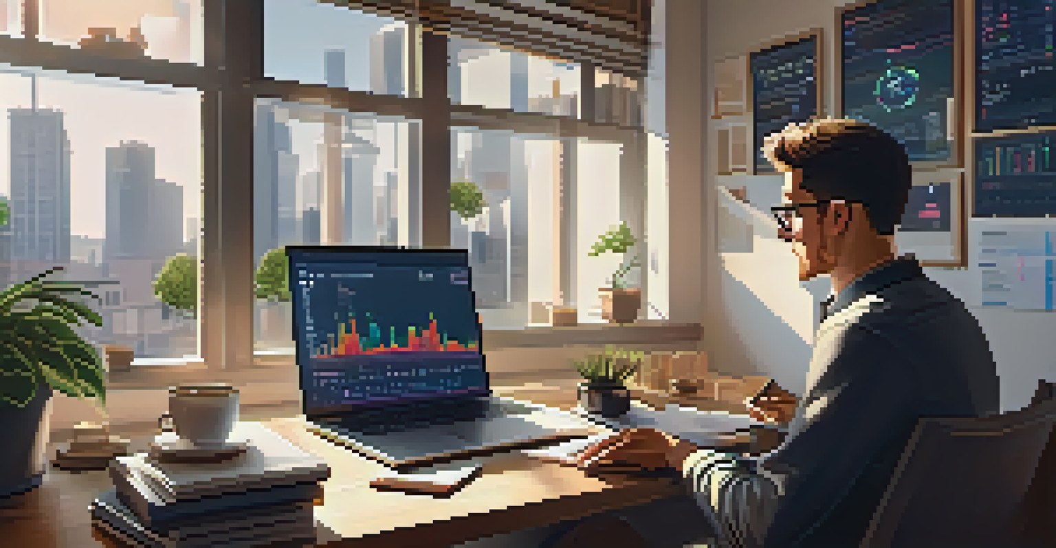 An investor in a cozy office analyzing cryptocurrency charts on a laptop.