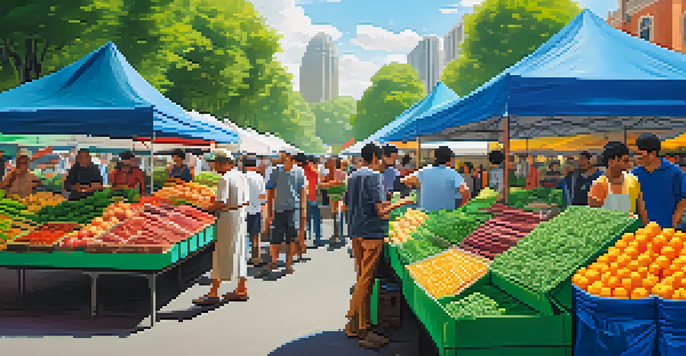 A lively farmer's market representing a decentralized exchange, with colorful stalls and traders interacting directly.