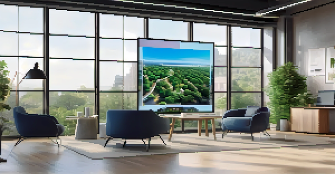 A modern office with a digital display showing NFTs of real estate properties.