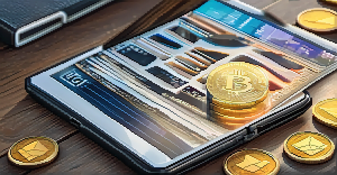A modern cryptocurrency wallet on a wooden desk with various coins and a digital interface showing cryptocurrency balance.