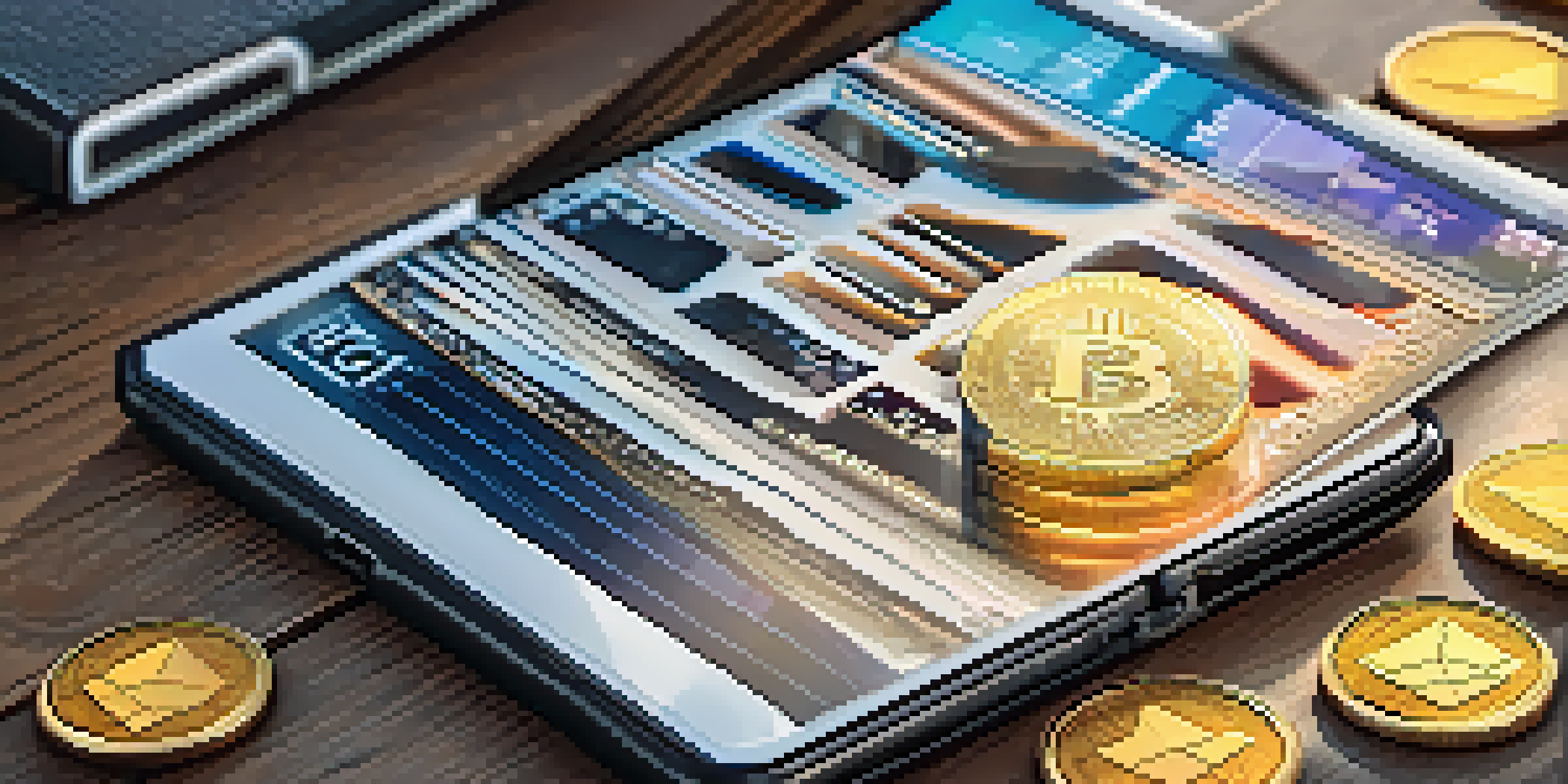 A modern cryptocurrency wallet on a wooden desk with various coins and a digital interface showing cryptocurrency balance.