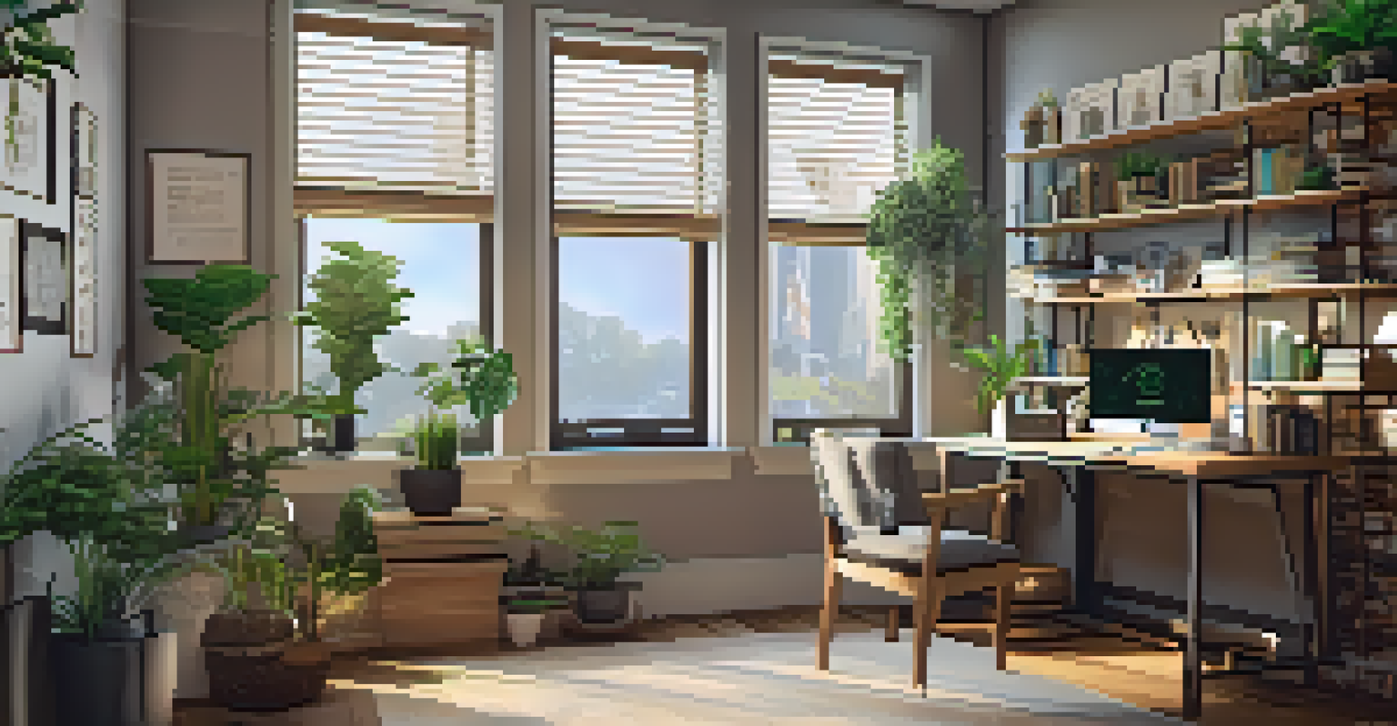 A cozy home office with a desk, laptop showing cryptocurrency charts, and motivational quotes on the walls.