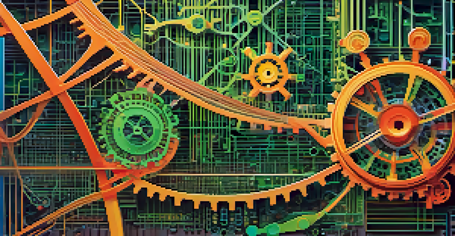 An abstract illustration of Automated Market Makers represented as gears and algorithms in a vibrant digital landscape, symbolizing efficiency in trading.