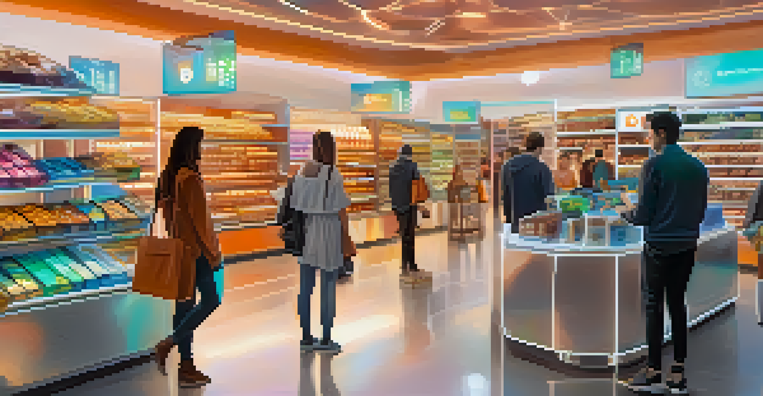 A futuristic e-commerce scene where customers pay with cryptocurrency using digital wallets on their devices.