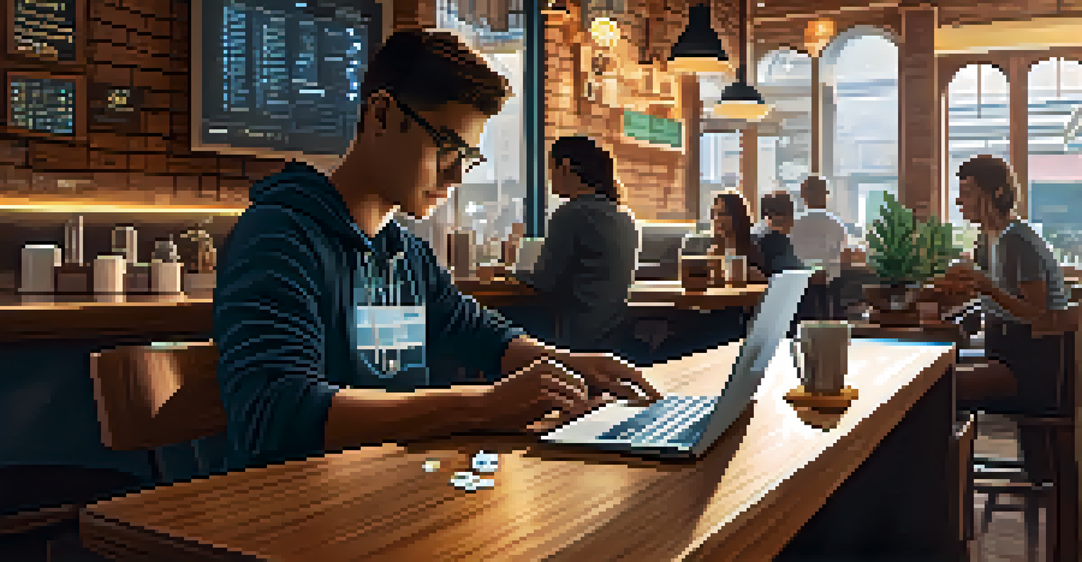 A gig worker in a coffee shop using a laptop, with floating cryptocurrency symbols, warm lighting, and a cozy atmosphere.