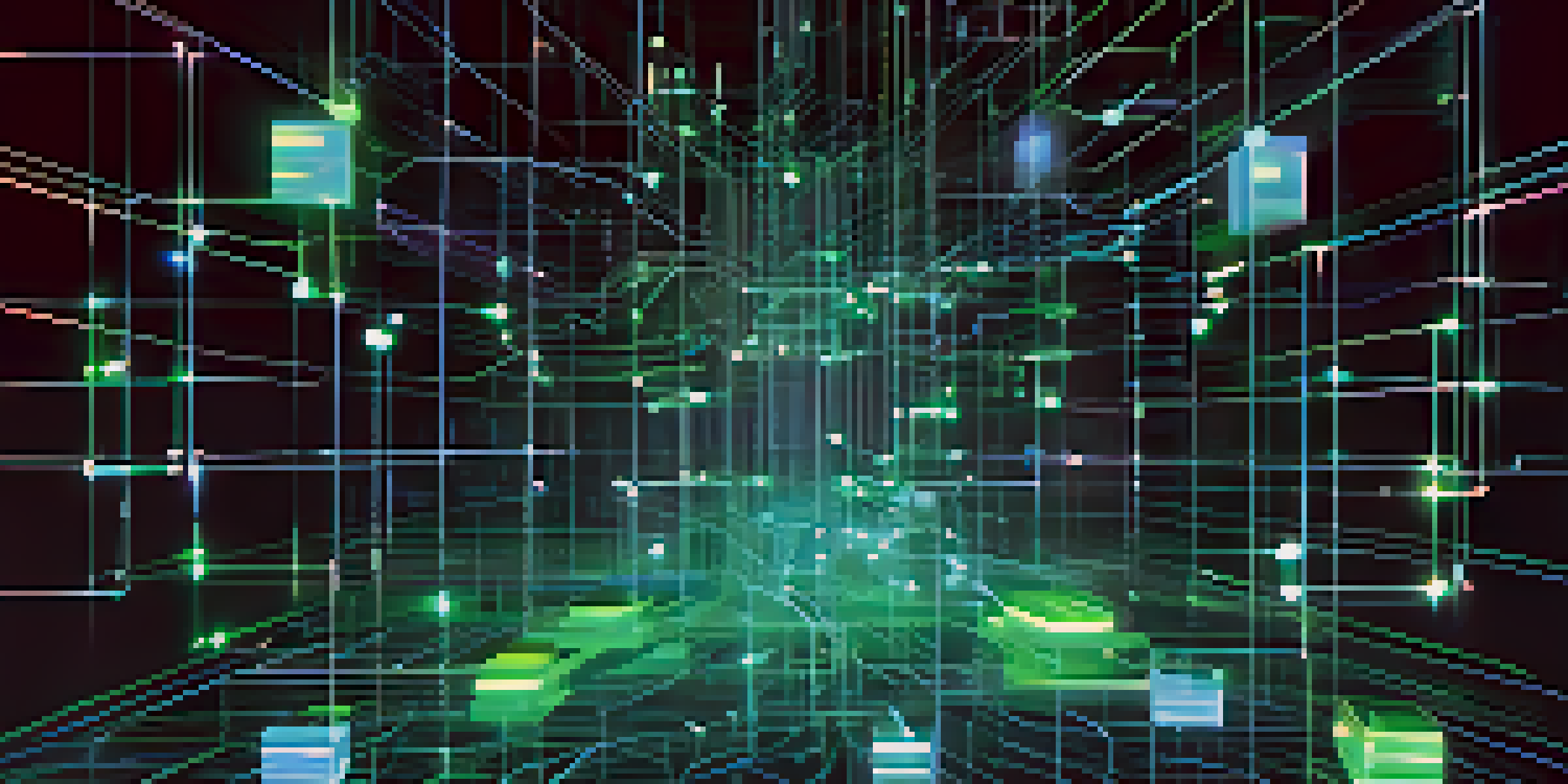 A detailed representation of a blockchain network with glowing blocks connected by lines, illustrating digital ledger technology.