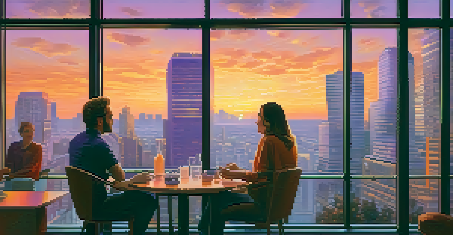 A sunset view of a city skyline with different residential buildings and a couple discussing property options.
