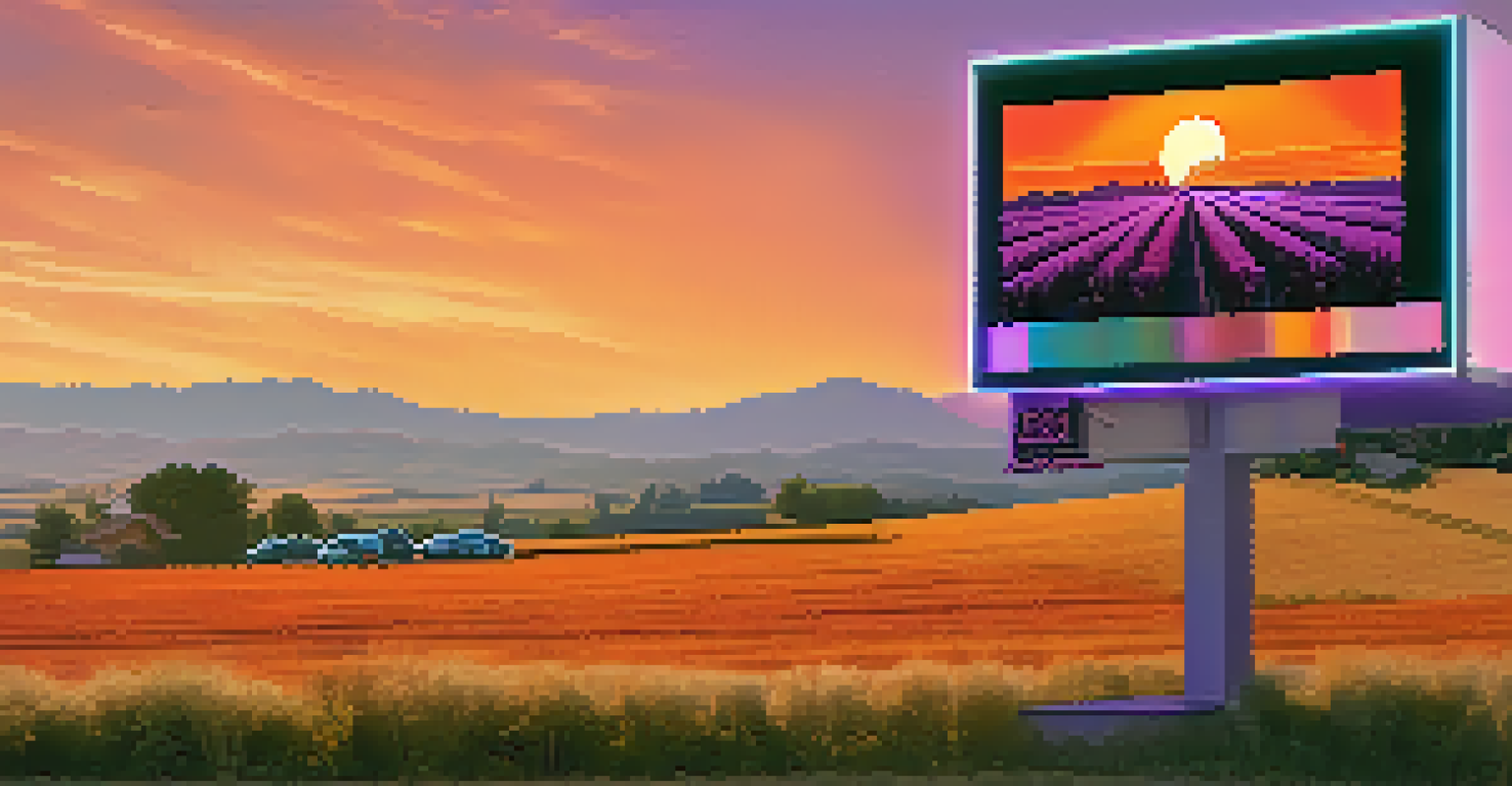 A scenic landscape with a digital billboard advertising cryptocurrency acceptance, set against a sunset with vibrant colors.