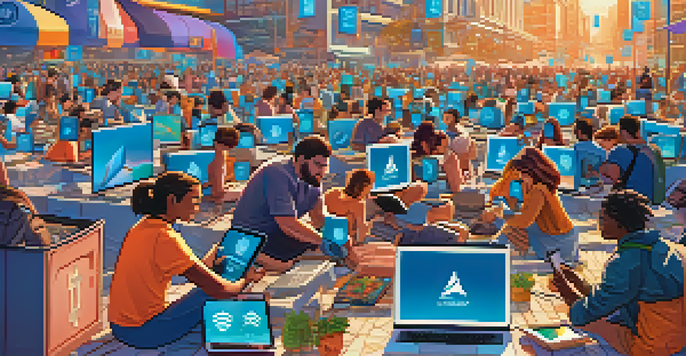 A lively scene depicting people using technology in a modern city, with various cryptocurrency symbols in the air.
