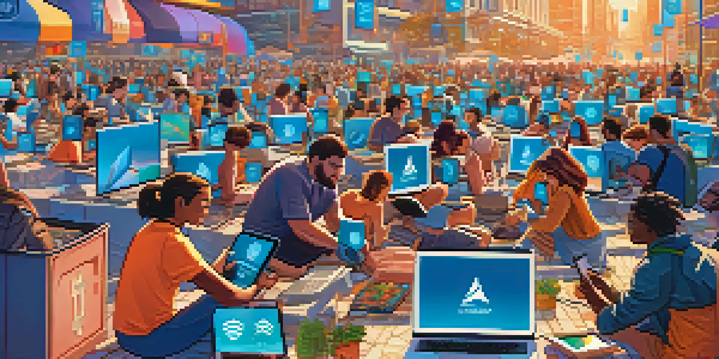 A lively scene depicting people using technology in a modern city, with various cryptocurrency symbols in the air.