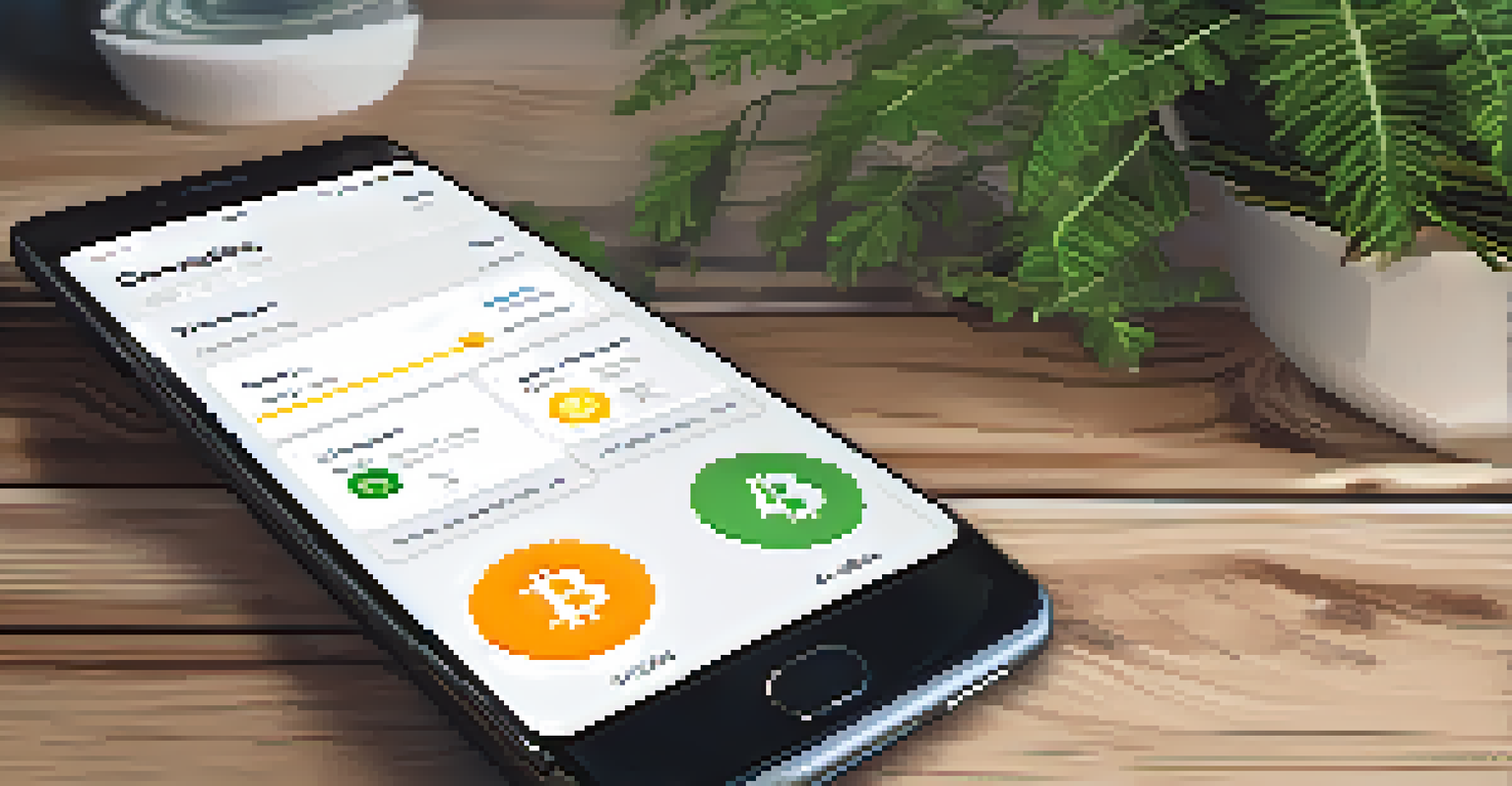 A close-up of a smartphone displaying a cryptocurrency trading app on a wooden table.