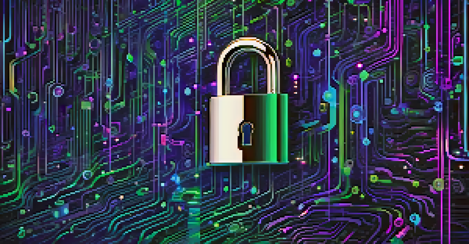 An abstract image of a locked digital padlock surrounded by binary code and glowing spheres.