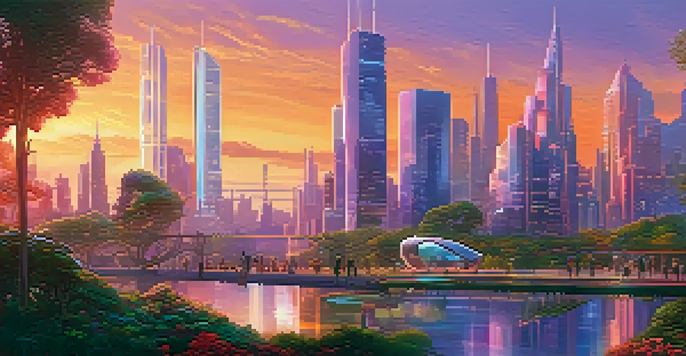 A colorful digital art scene of a futuristic city skyline at sunset with artists creating artworks in a lush foreground.