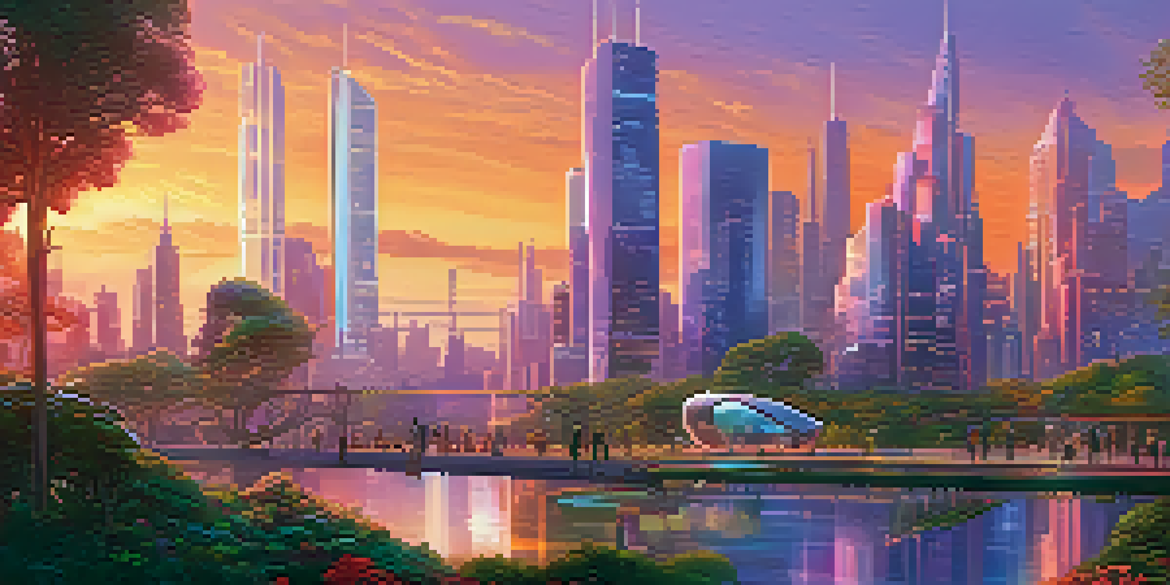 A colorful digital art scene of a futuristic city skyline at sunset with artists creating artworks in a lush foreground.