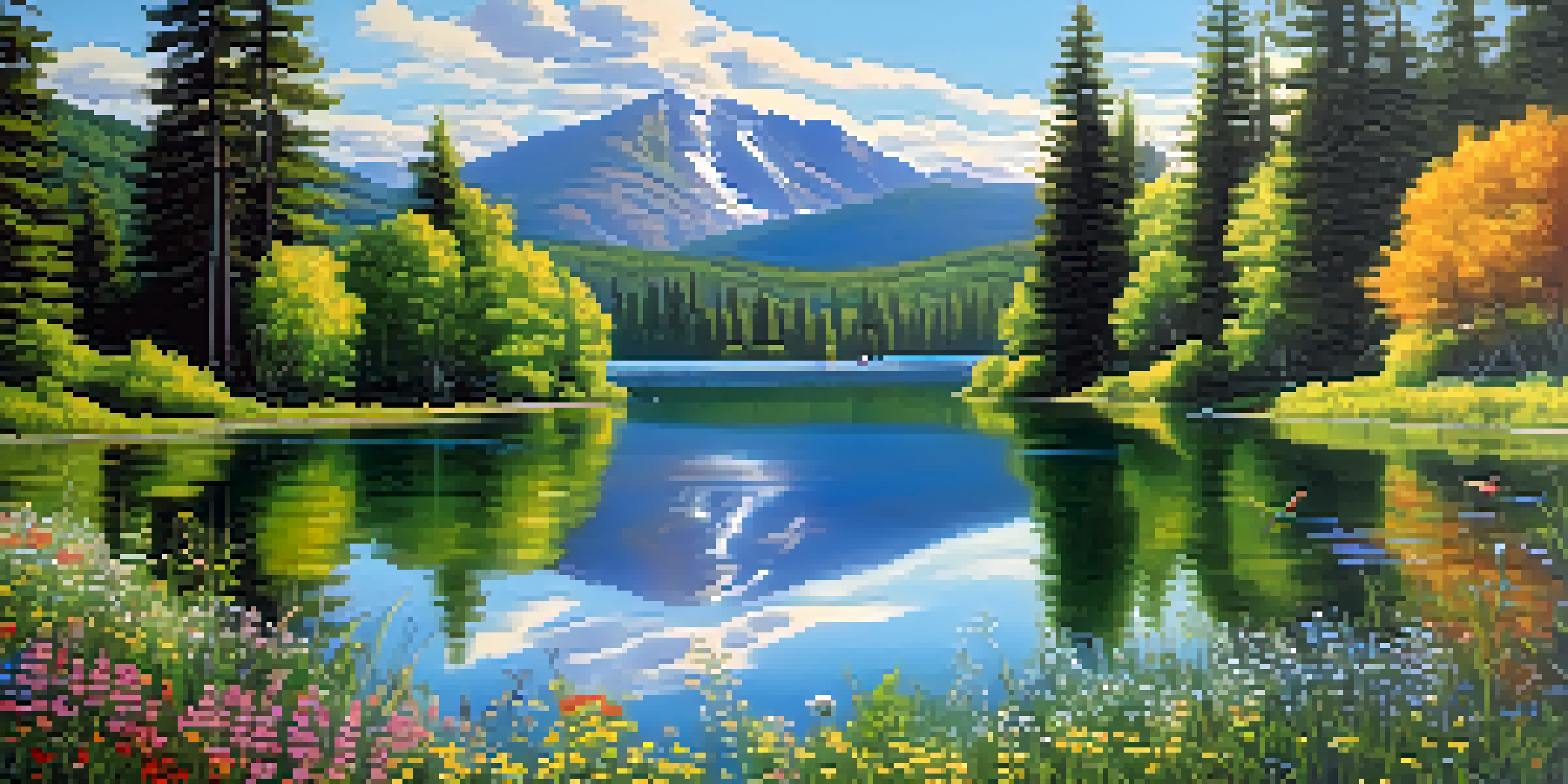 A peaceful lake surrounded by green mountains and colorful wildflowers under a blue sky.