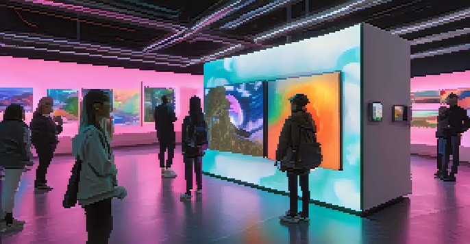 A virtual art gallery filled with various digital artworks displayed on glowing screens, with visitors engaging through augmented reality devices.