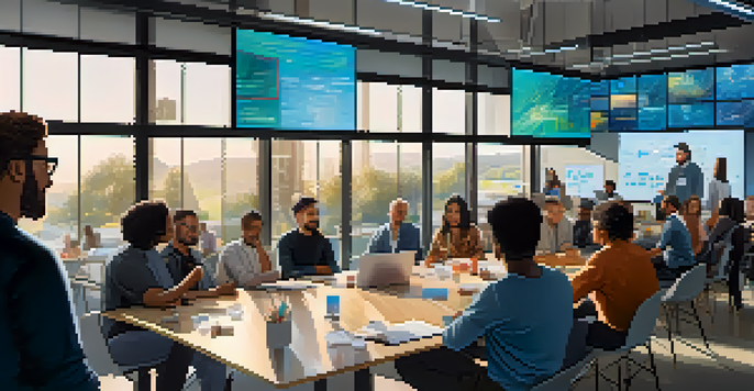 A diverse group of people discussing around a large table in a modern workspace, with screens displaying blockchain data in the background.