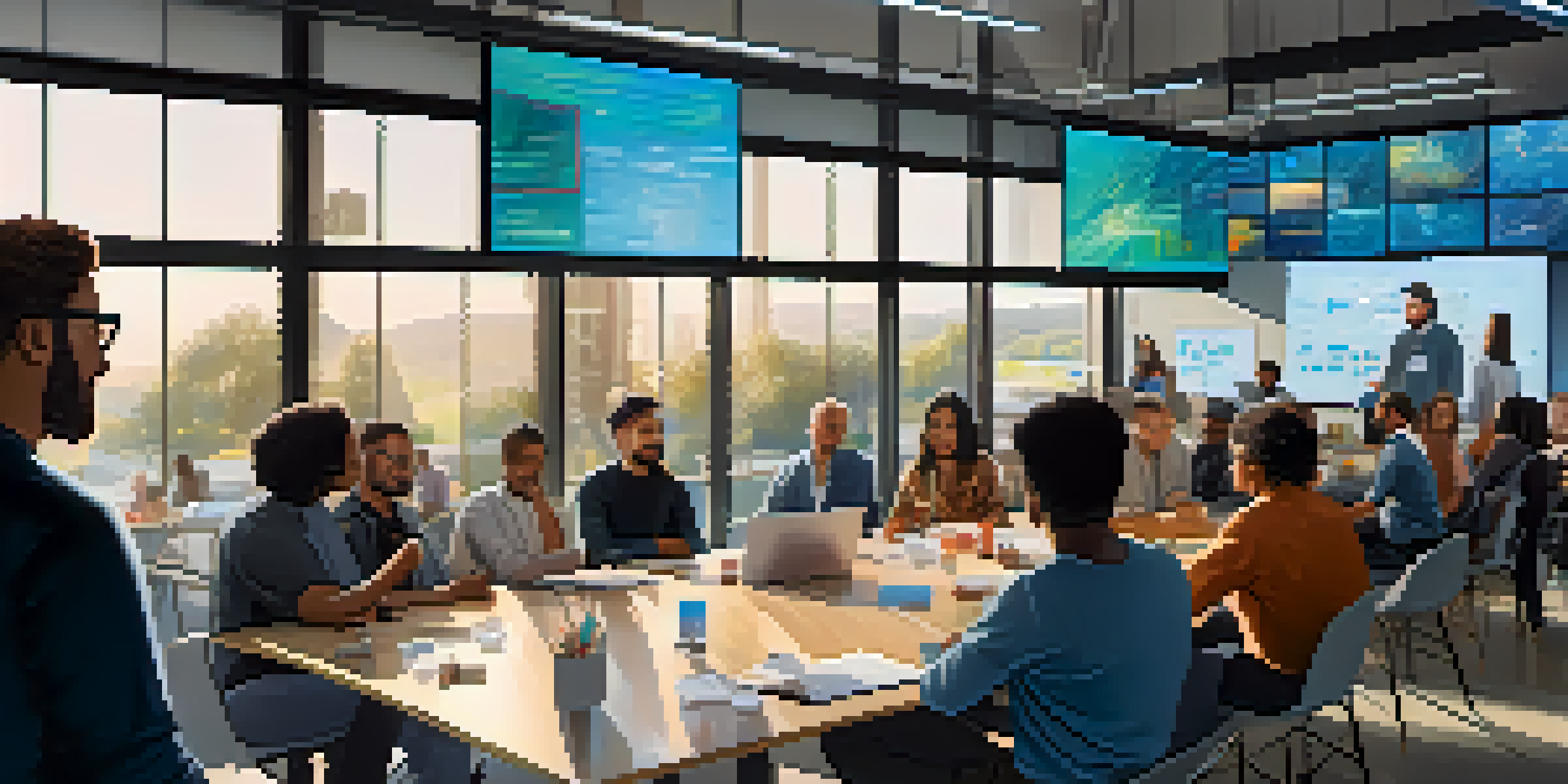 A diverse group of people discussing around a large table in a modern workspace, with screens displaying blockchain data in the background.