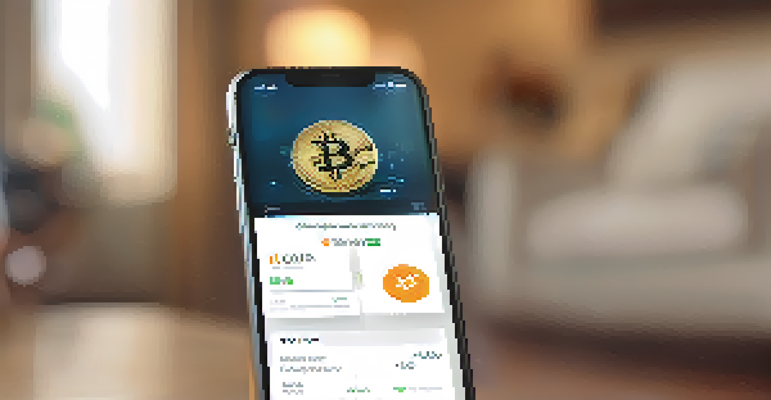 A hand holding a smartphone with a cryptocurrency wallet app, set in a warm home environment.