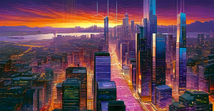 A vibrant futuristic city at dusk with interconnected skyscrapers and glowing data streams.