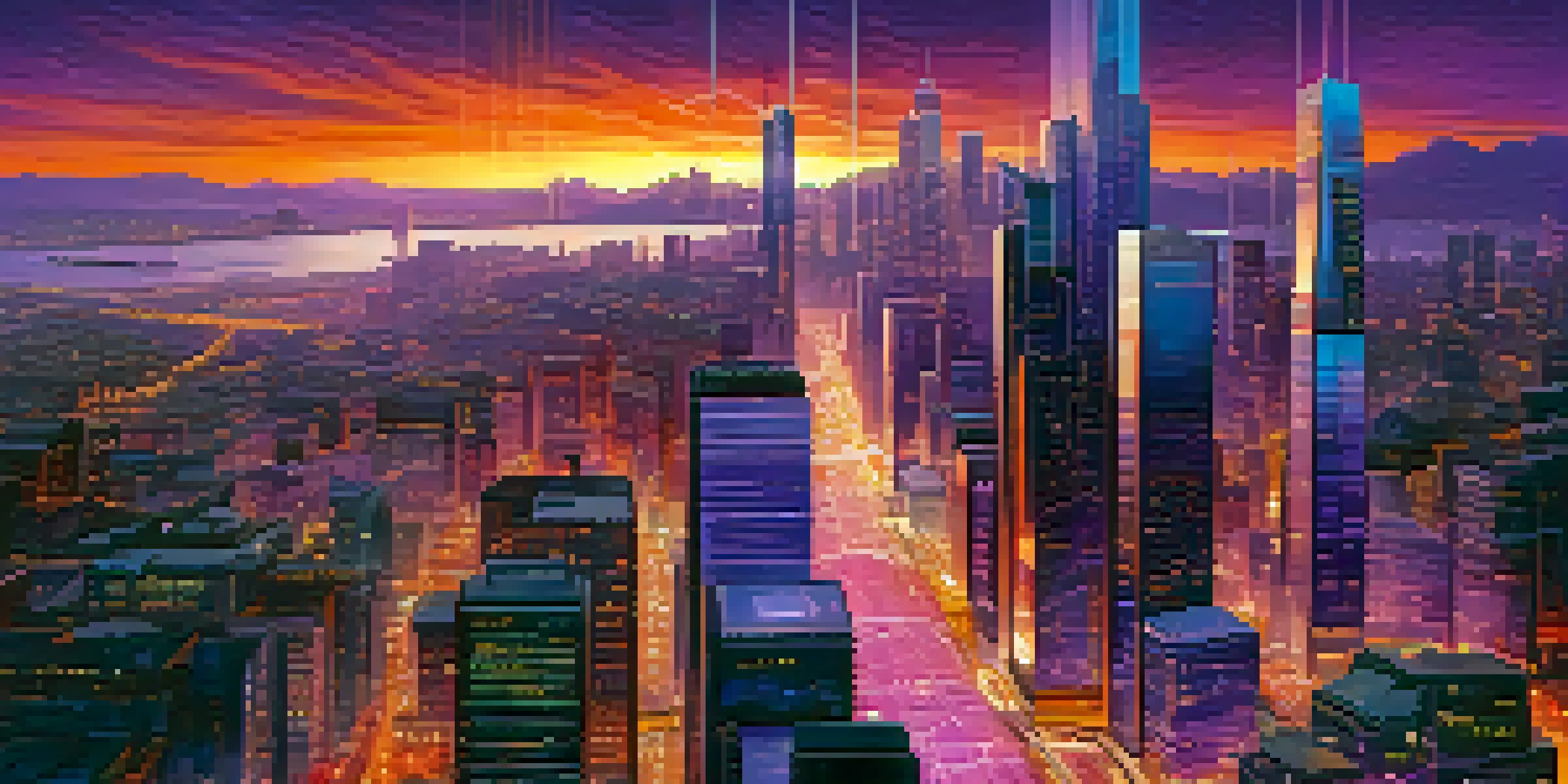 A vibrant futuristic city at dusk with interconnected skyscrapers and glowing data streams.