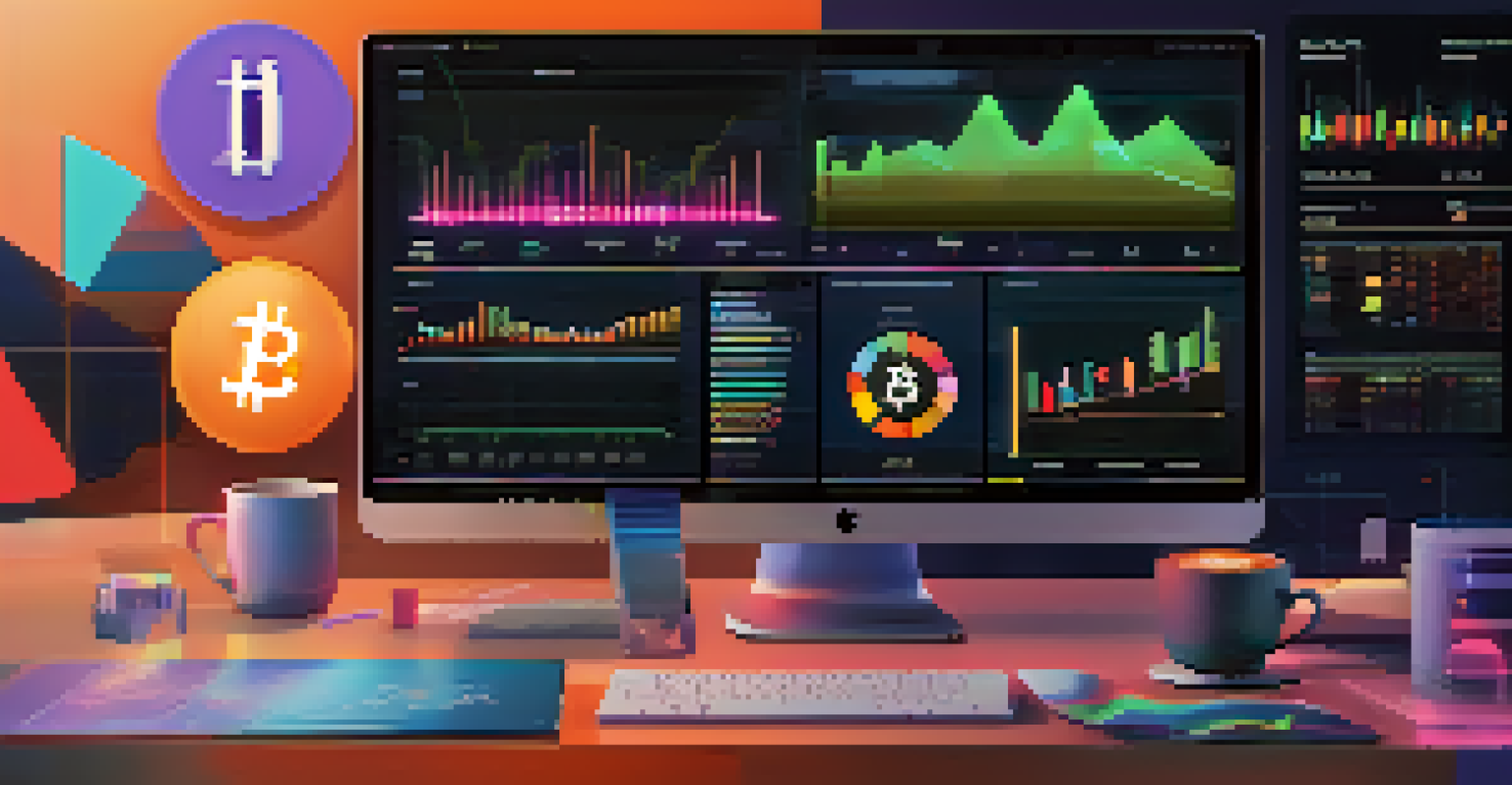 A digital representation of a cryptocurrency portfolio with colorful graphs and charts.