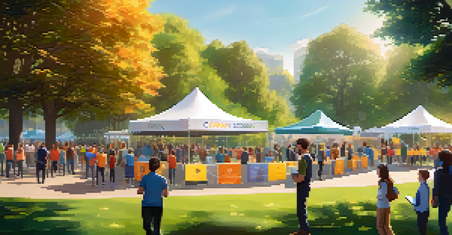 A charity event in a park with volunteers discussing cryptocurrency donations, featuring colorful banners and a digital screen.