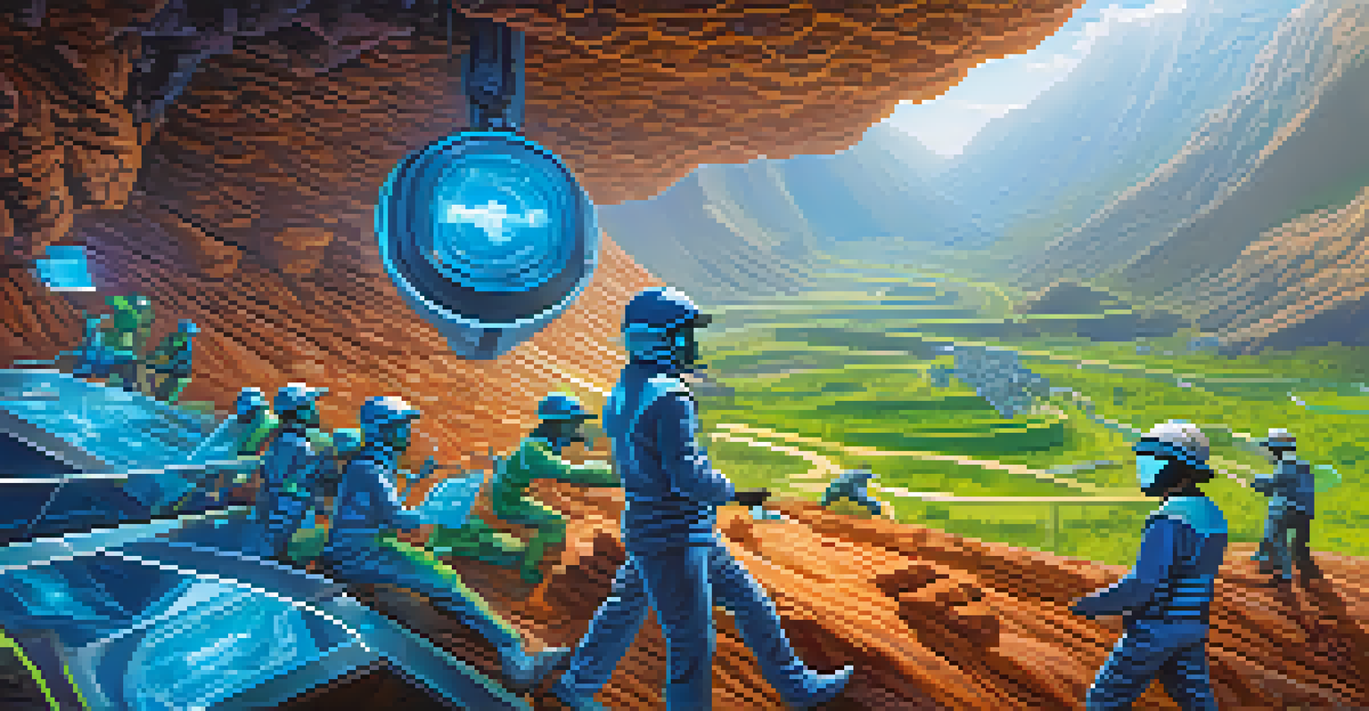 A futuristic scene of digital avatars competing in a mining challenge with holographic displays.