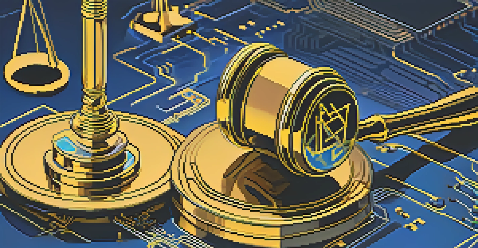 An abstract image illustrating cryptocurrency regulations, showing a gavel in front of a digital circuit board with a blue and gold color scheme.