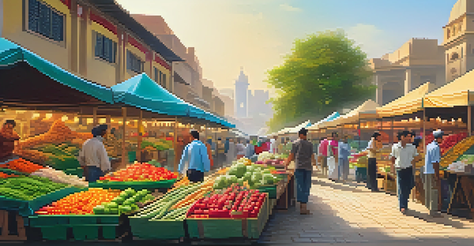 A busy marketplace with colorful stalls selling fruits and vegetables, diverse crowd interacting, and a mix of modern buildings and traditional architecture in the background under warm sunlight.