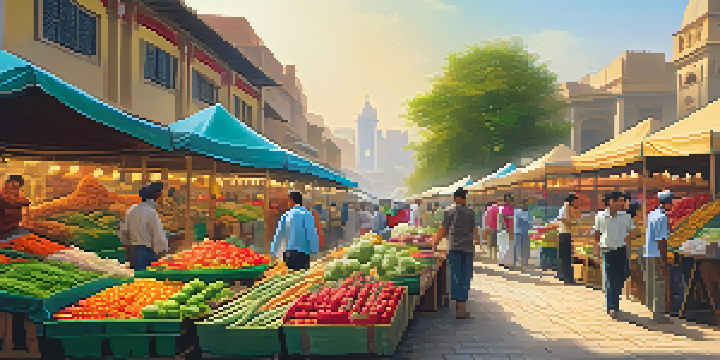 A busy marketplace with colorful stalls selling fruits and vegetables, diverse crowd interacting, and a mix of modern buildings and traditional architecture in the background under warm sunlight.