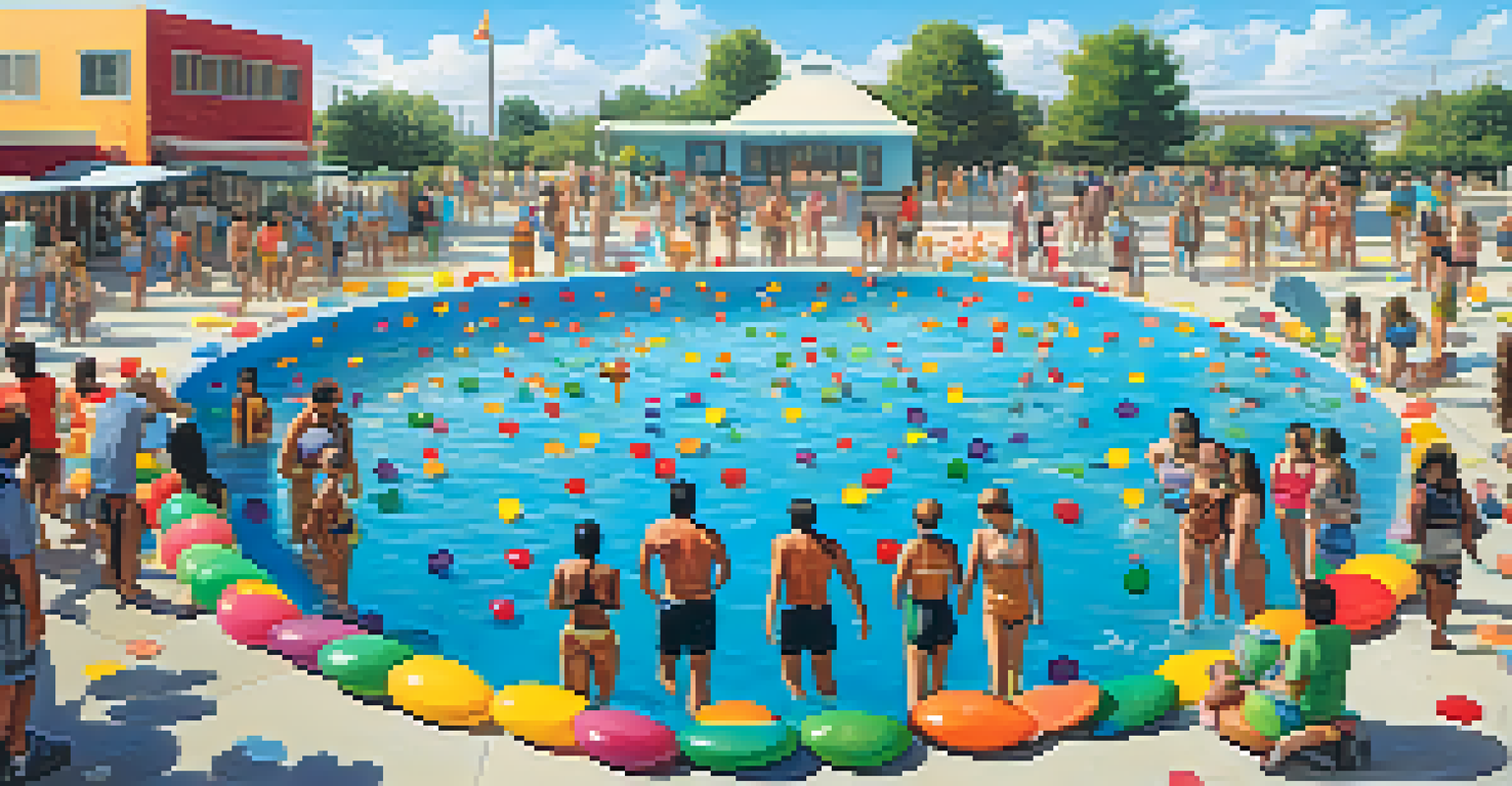 A communal swimming pool filled with colorful tokens, symbolizing a liquidity pool, with diverse people around it.