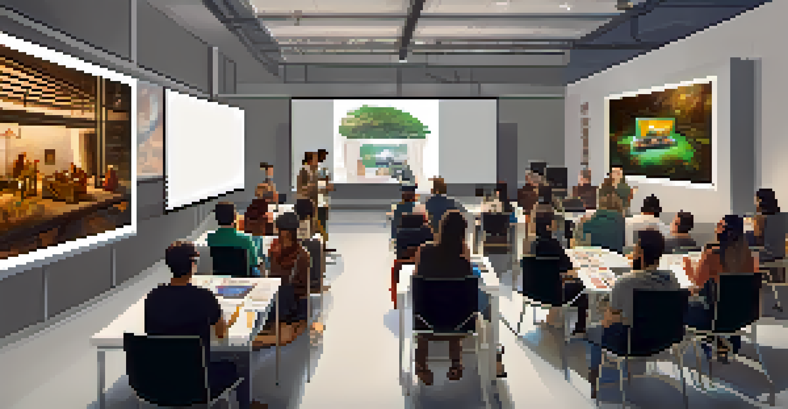 A diverse group of people attending a workshop about NFTs, focused on laptops and a presentation screen in a cozy room.