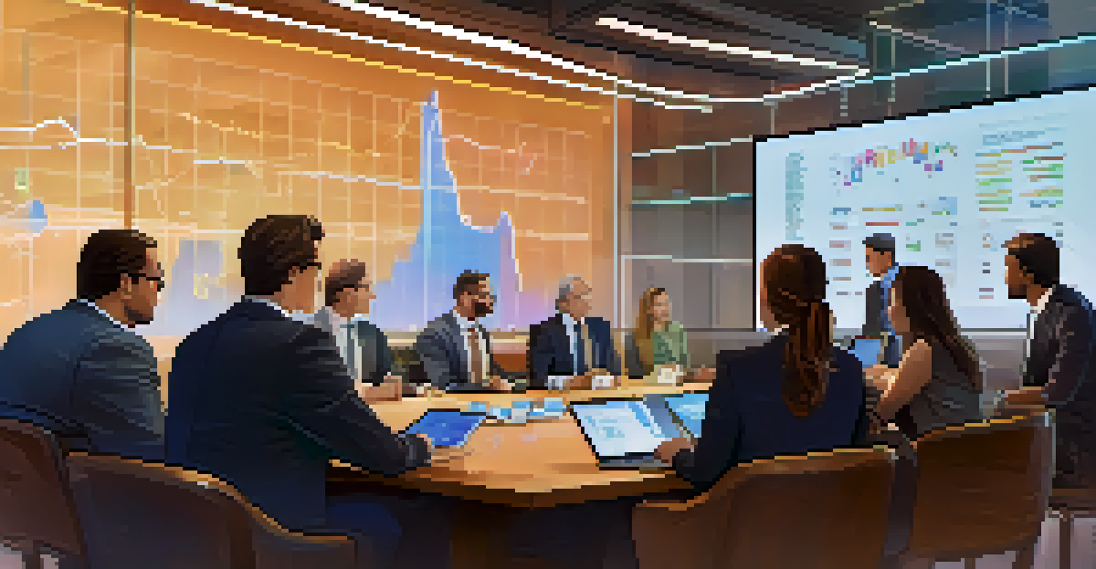 A group of professional investors discussing cryptocurrency investments around a conference table with charts and data on display.