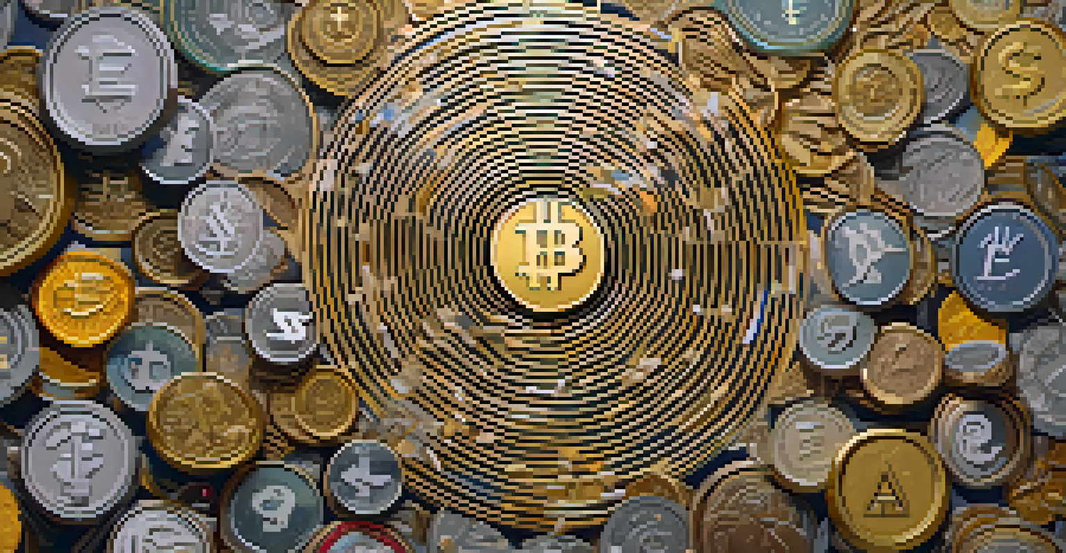 A creative illustration showing the transition from traditional currencies to digital currencies in a colorful vortex.