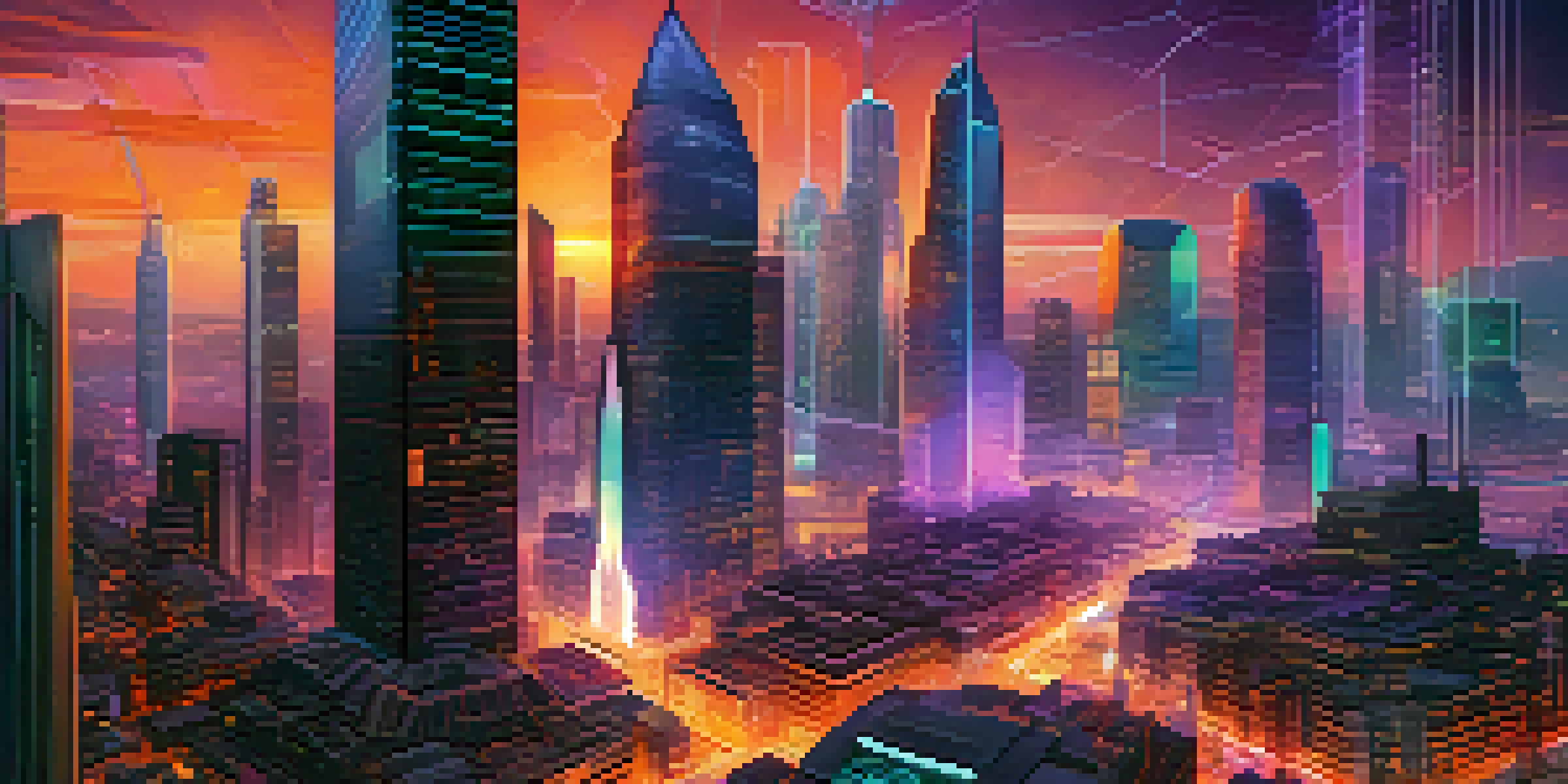 A futuristic cityscape with glowing data streams and holographic displays at dusk, showing people interacting with technology.