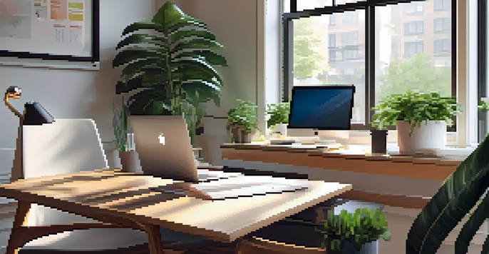 A modern office workspace with natural light, a laptop, coffee cup, notepad, and a potted plant.