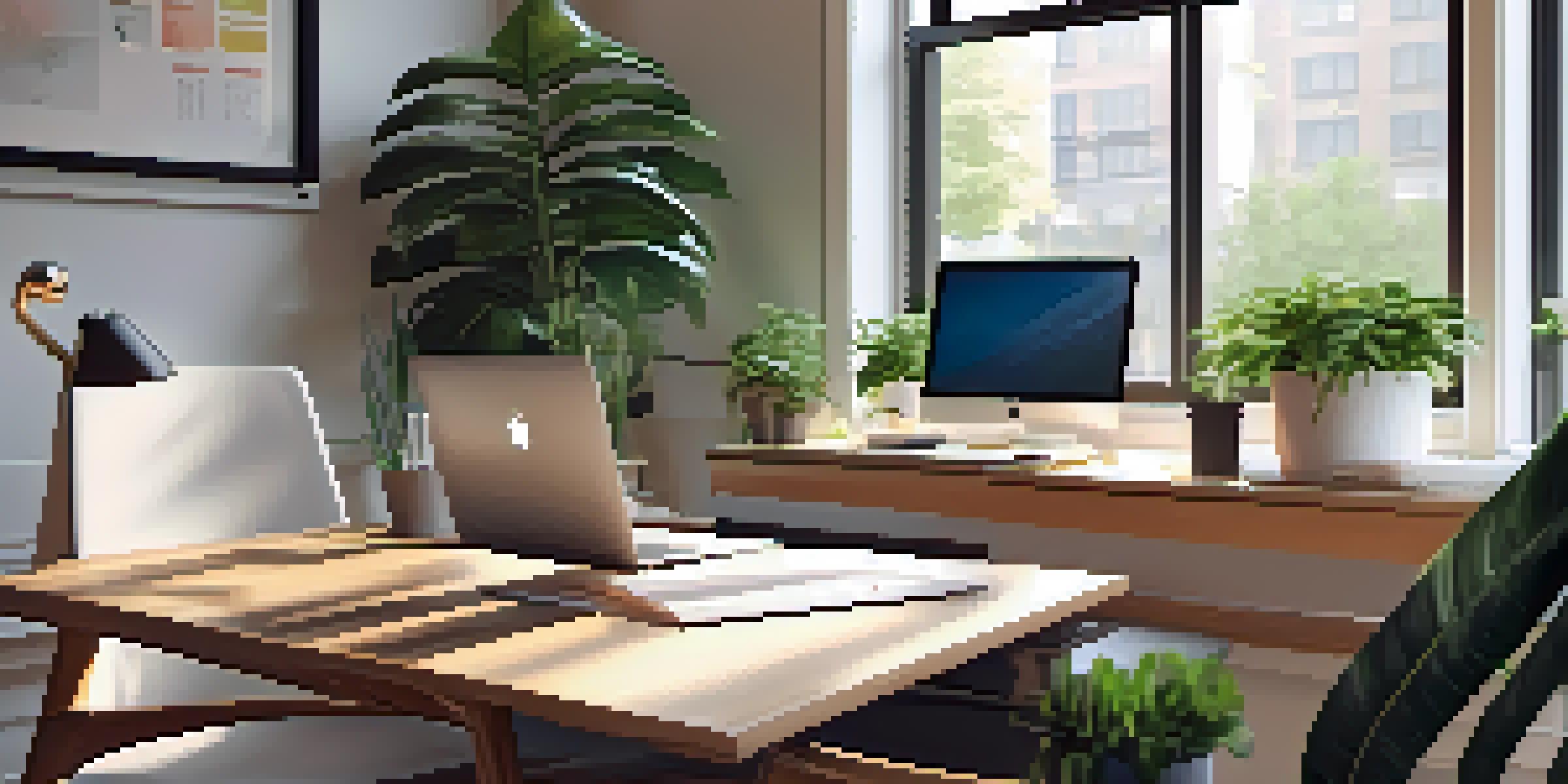 A modern office workspace with natural light, a laptop, coffee cup, notepad, and a potted plant.