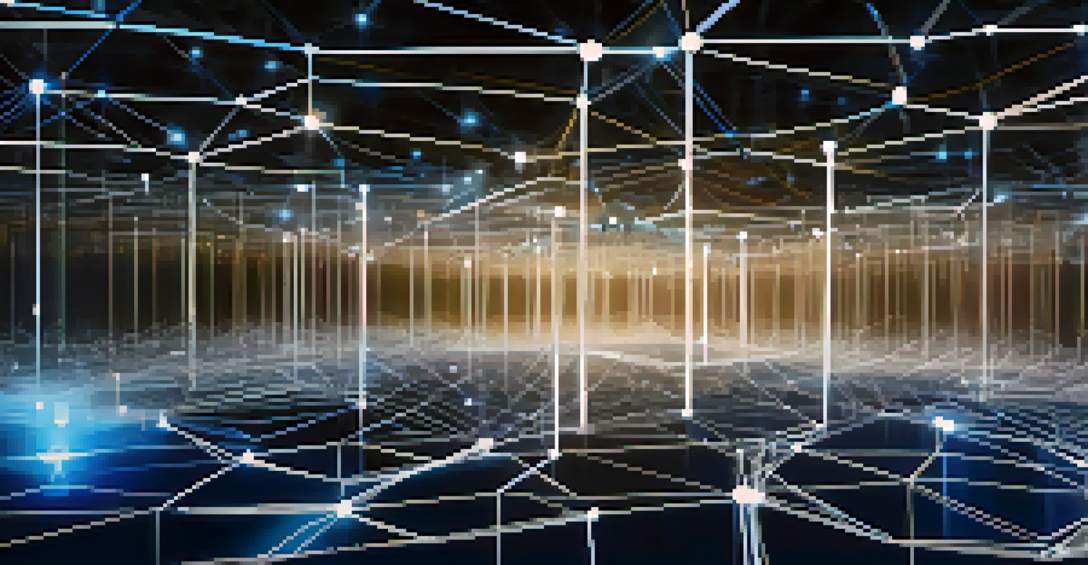 Artistic representation of a blockchain network with glowing interconnected nodes symbolizing transparency and traceability.