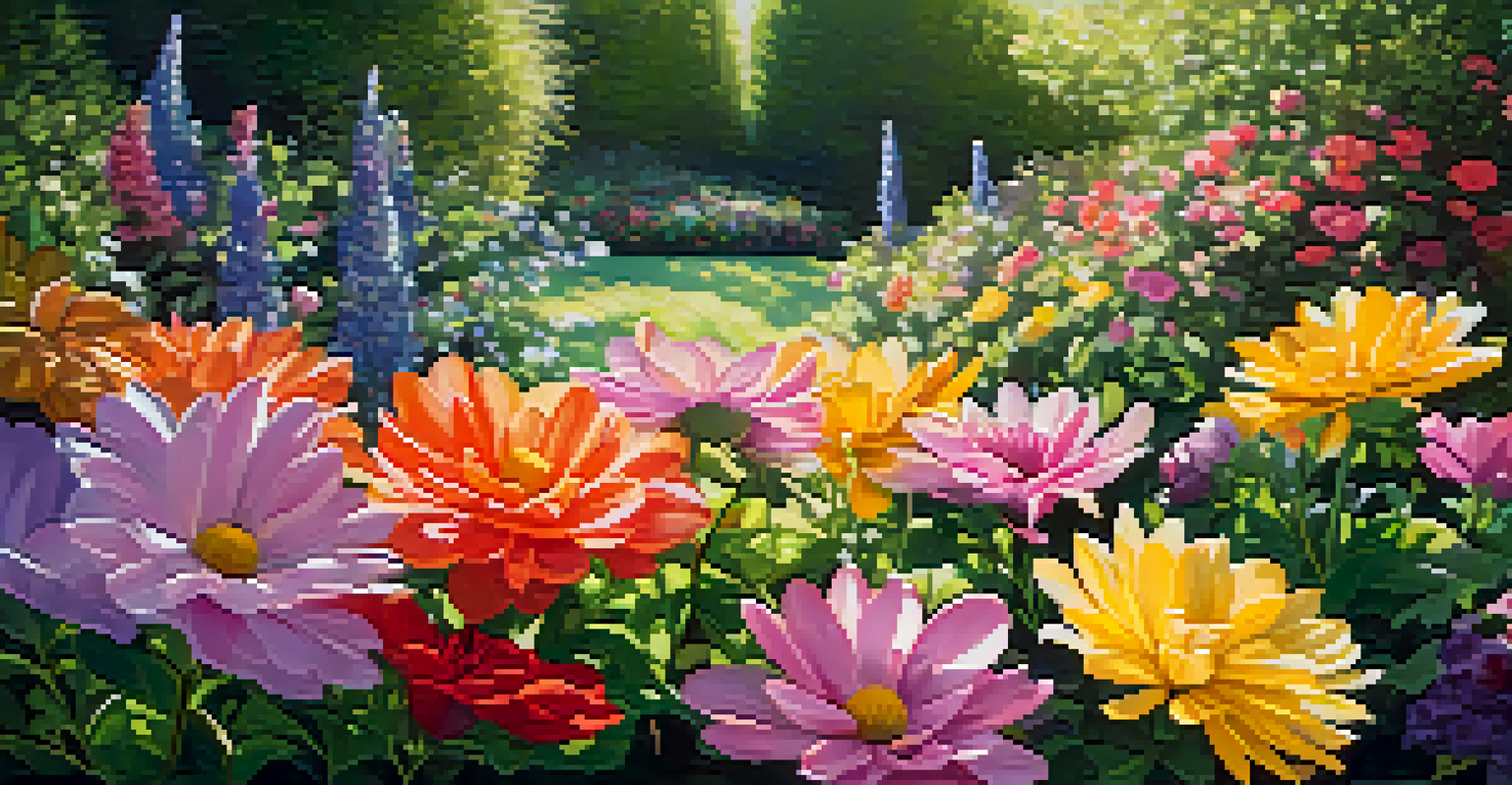 A close-up view of a vibrant flower garden with various colorful blooms and lush greenery.