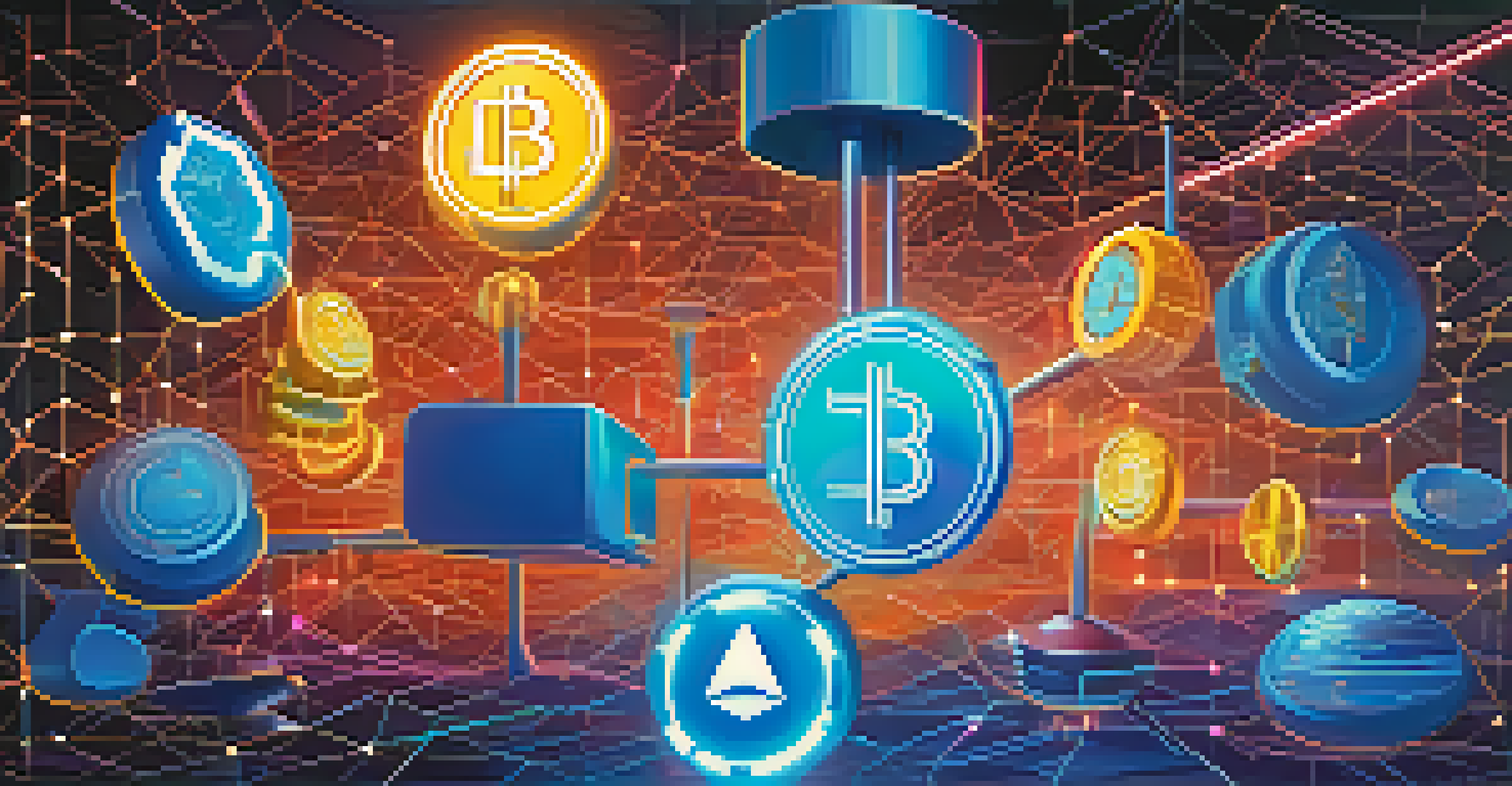 A digital representation of tokenized assets with colorful tokens above a blockchain network.