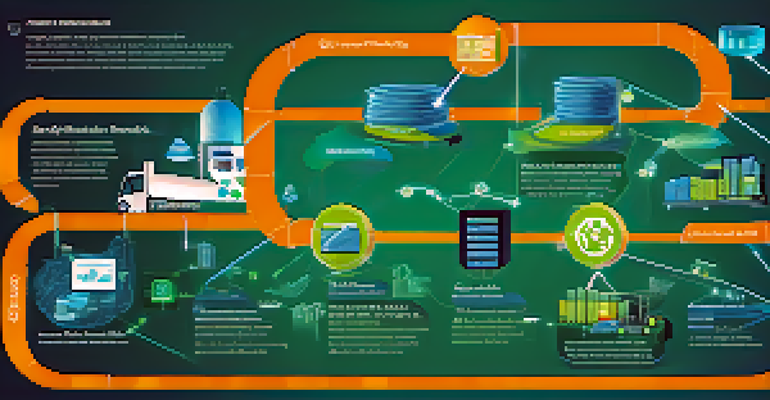 An infographic showing the transparent journey of a product through a blockchain supply chain, with colorful icons and lines connecting each stage.