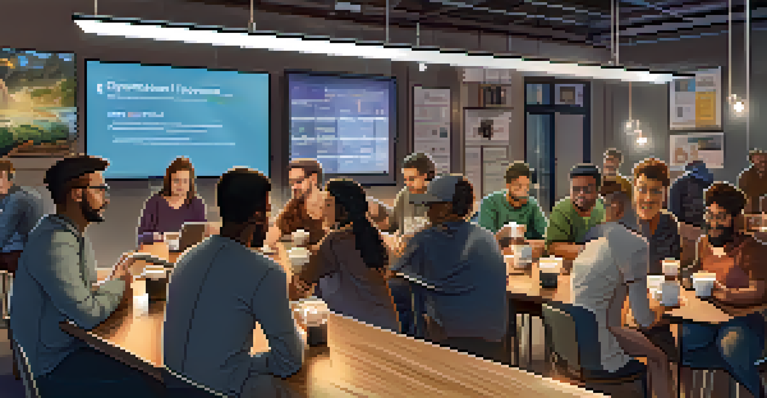 A vibrant café meeting with a diverse group of people discussing cryptocurrency, with laptops and a whiteboard filled with terms in the background.