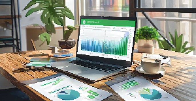 A detailed ICO whitepaper on a wooden desk, with charts and graphs, laptop, coffee cup, and plants.