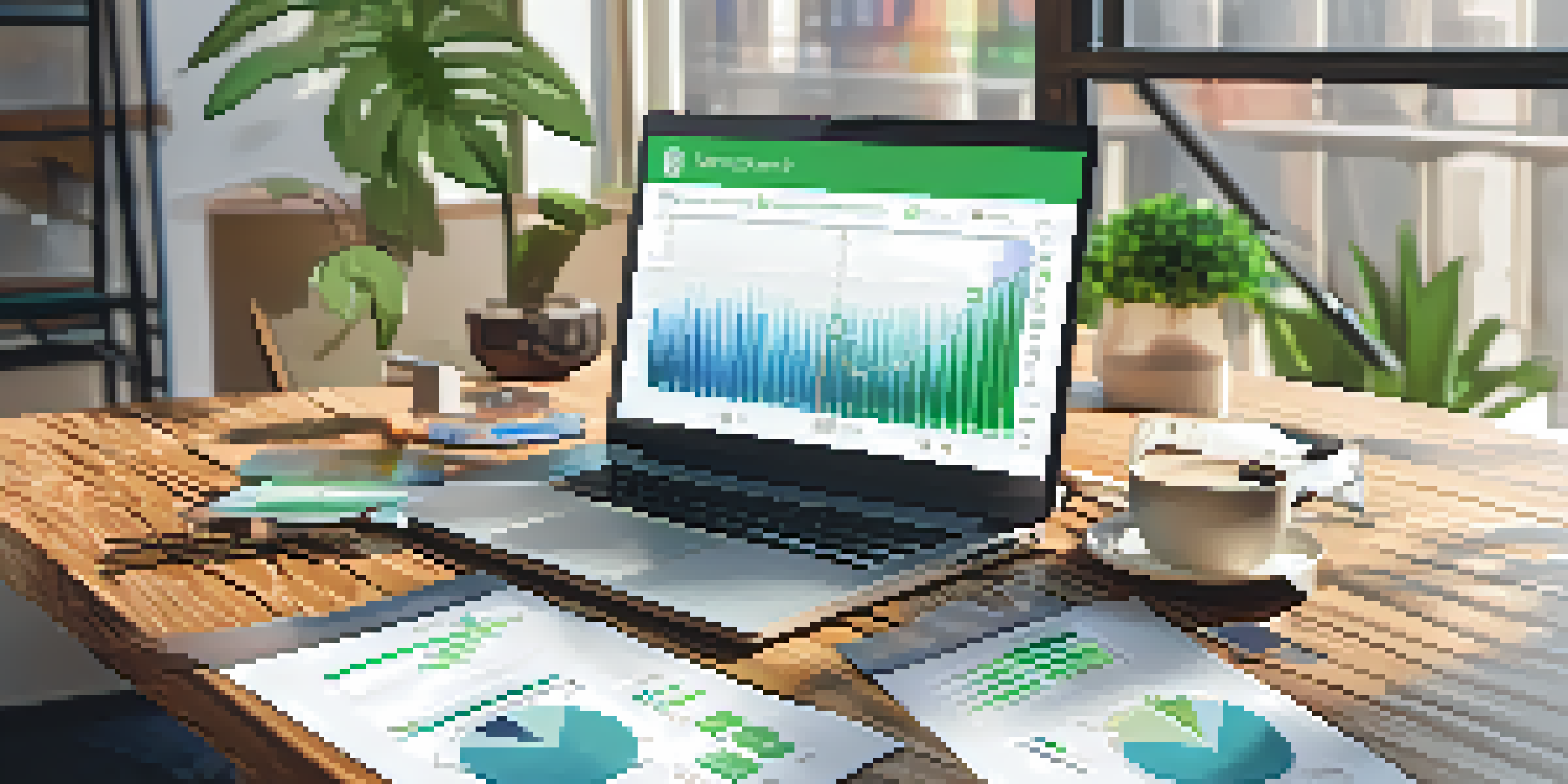 A detailed ICO whitepaper on a wooden desk, with charts and graphs, laptop, coffee cup, and plants.